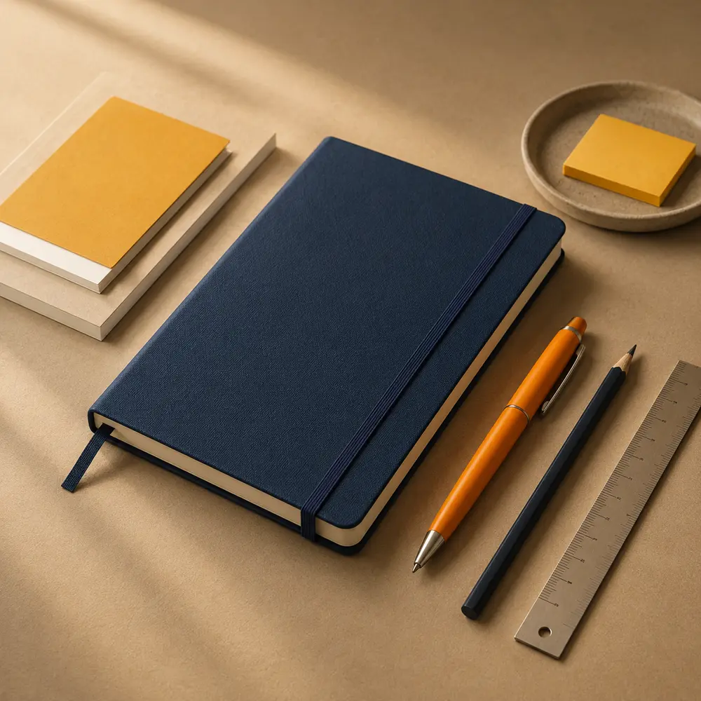 Navy notebook, orange pen, pencils and paper on a desk